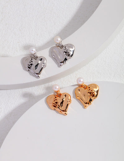 Heart Stitching Collection Sterling Silver Heart Pearl Earrings