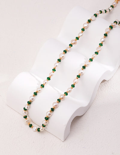 925 Sterling Silver  Synthetic Emerald Pearl Necklace