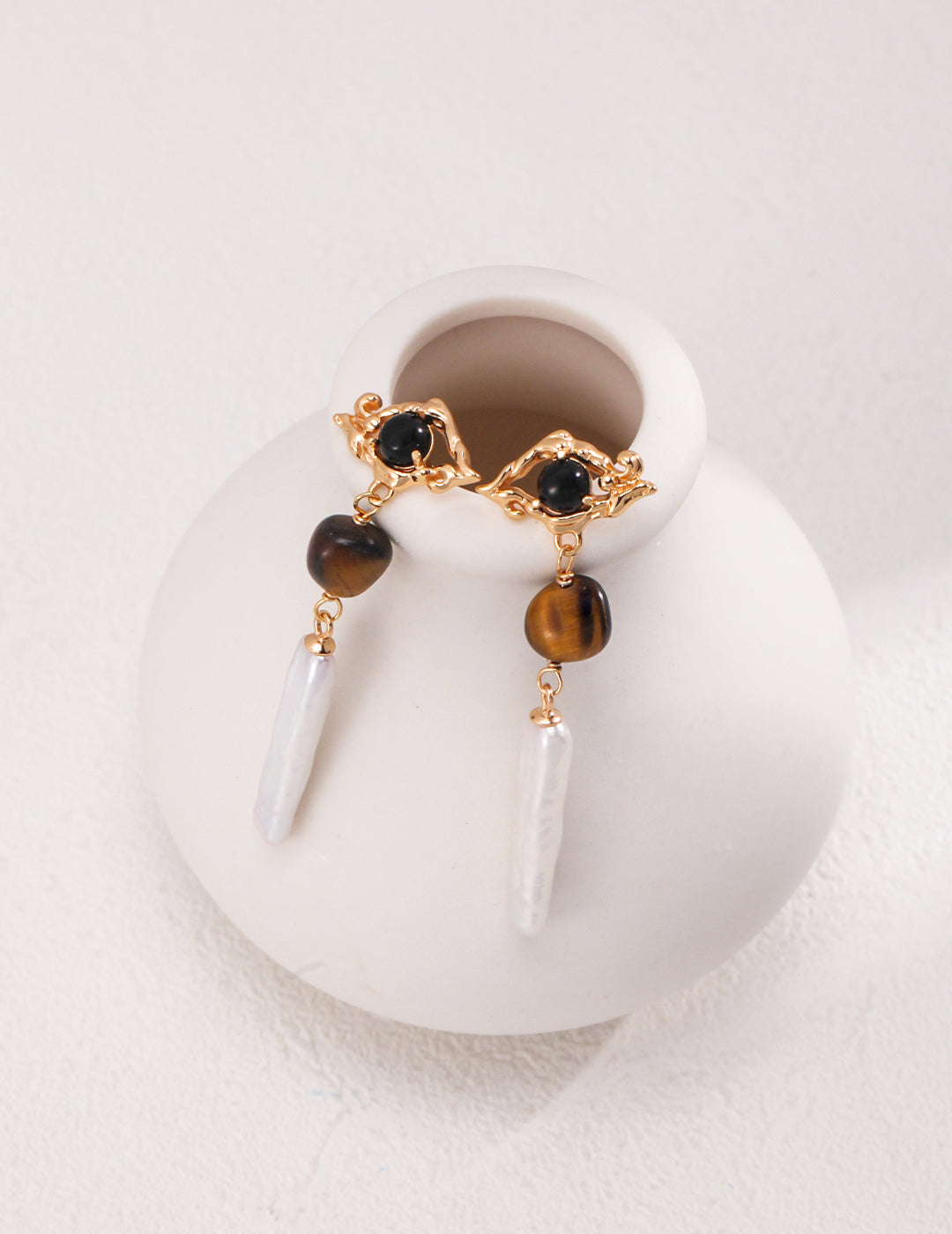 Tiger Eye Stone Baroque Long Pearl Earrings