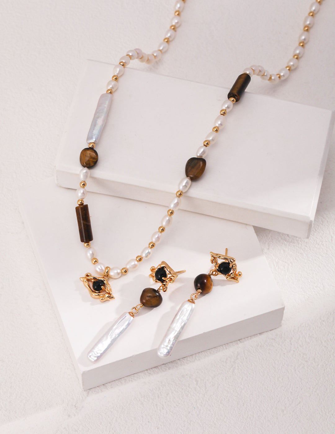 Tiger Eye Stone Baroque Long Pearl Earrings