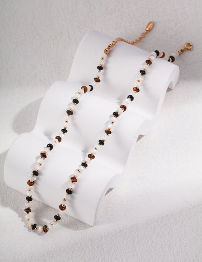 Retro Tiger Eye Stone Mother-of-Pearl Spliced Pearl Necklace