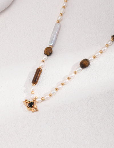 Vintage Gold Pearl Tiger Eye Beaded Necklace with Eye Pendant