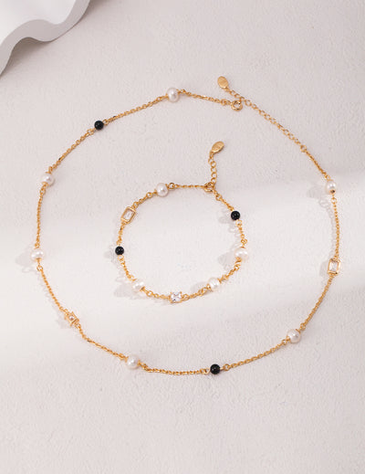 Sterling Silver Pearl Black Onyx Cubic Zirconia Chain Necklace