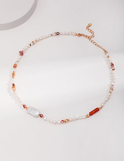 Sterling Silver Strawberry Crystals Baroque Pearl Necklace